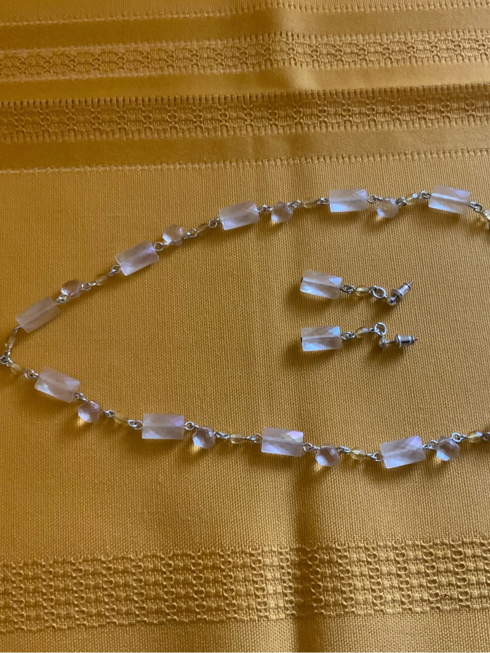 Clear Frosted Glass Crystal Link Necklace Drop Earrings Set Amber Teardrop 16-18